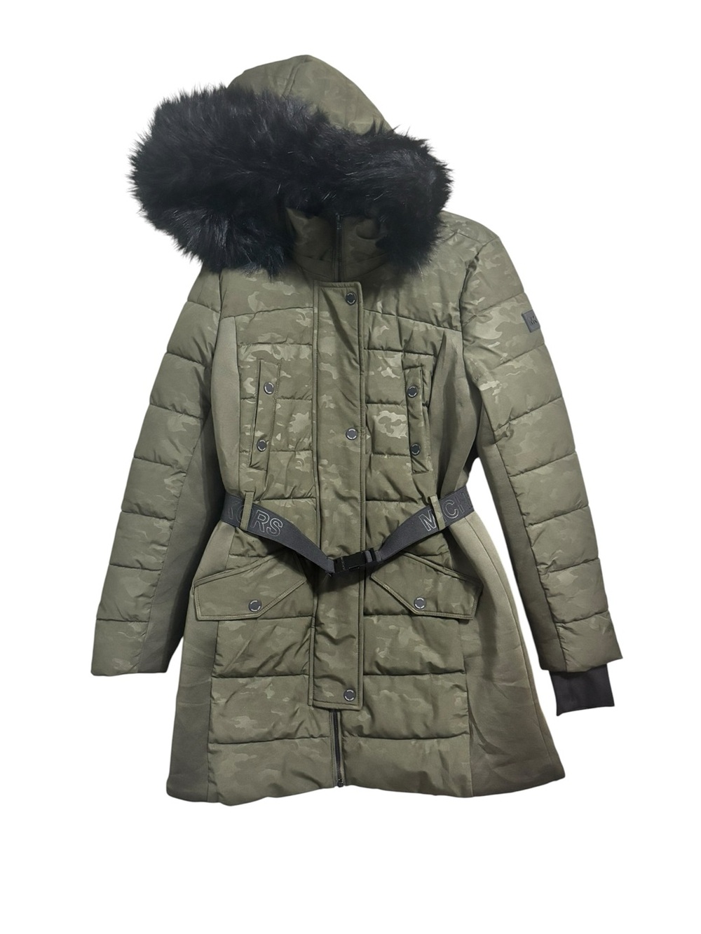 Michael Kors Parka Jacket w/ Belt & Faux Fur Hooded Green Camo Puffer Size Md